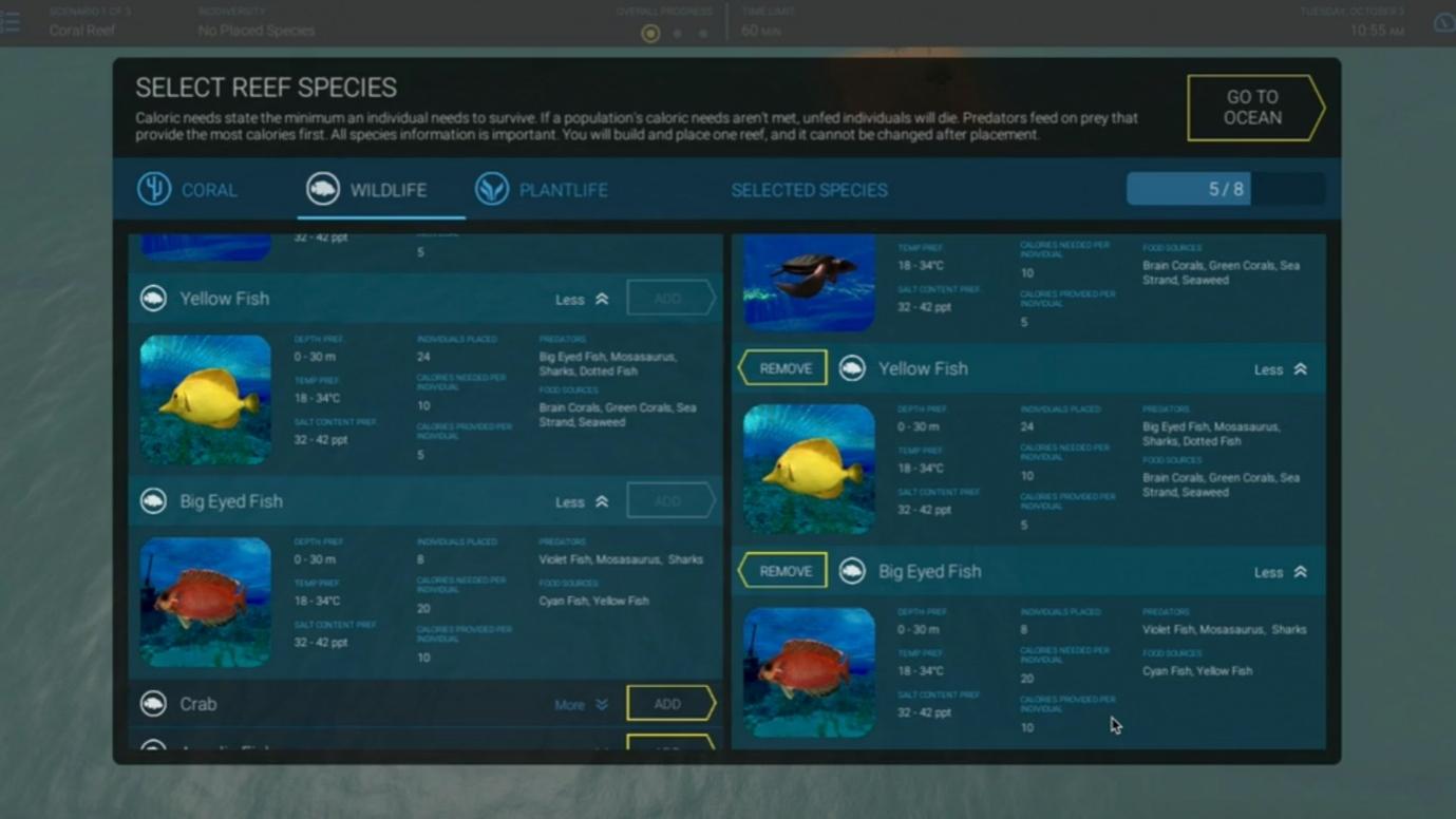 Screenshot showing the species data from the ecosystem building game