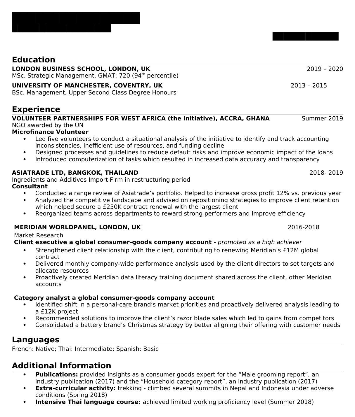 Real Master's consulting resume example